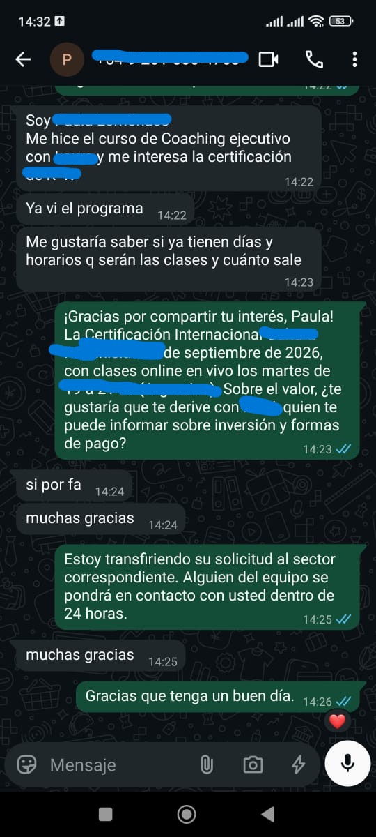 Conversación real del agente de WAIA derivando una consulta al equipo humano